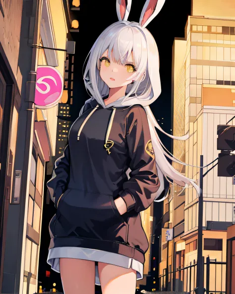 1girll,standing,outdoors,street, yellow_eyes, rabbit ears,outdoors,street,cityscape, (hoodie:1.4),cowboy shot,