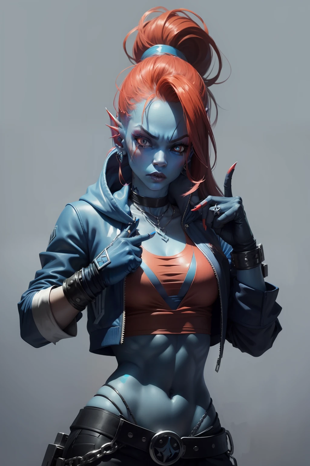 blue skin undyne the undying showcasing her badass stylish rap gang signs from d a hood, gangsta yo!