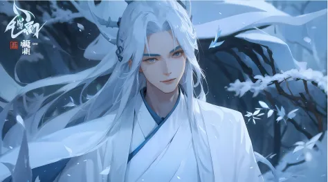 Arafar's image of a Han man in white, with long white hair, inspired by Wu Daozi,   xianxia hero，Background with：snow forest