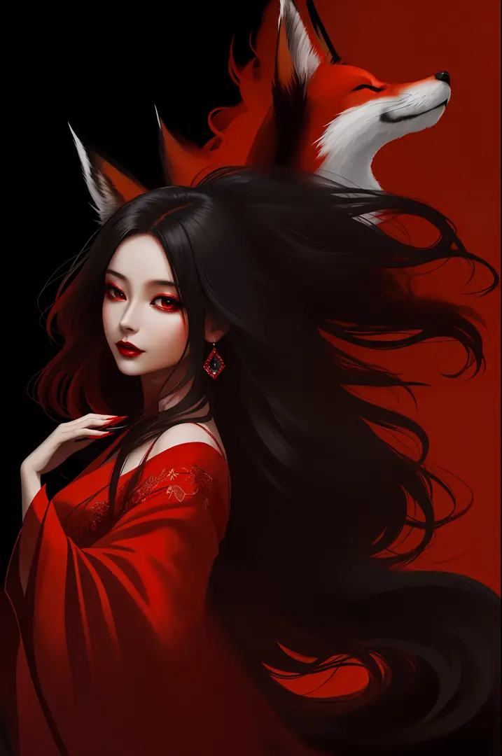 Woman in red dress，Enchanting fox demon，Smoke comes out of the mouth, with black background，smooggy，enchanting elegance，masterful technique，Manifestations of naturalism，Harmonious composition，Creative improvements，Striking juxtaposition，evocative hues，phot...
