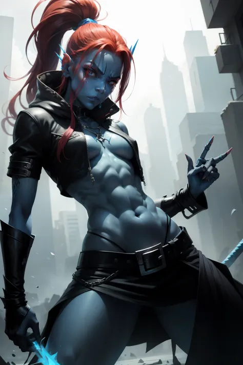 blue skin undyne the undying showcasing her skills with blue spear  badass stylish rap gang signs from d a hood, gangsta yo!