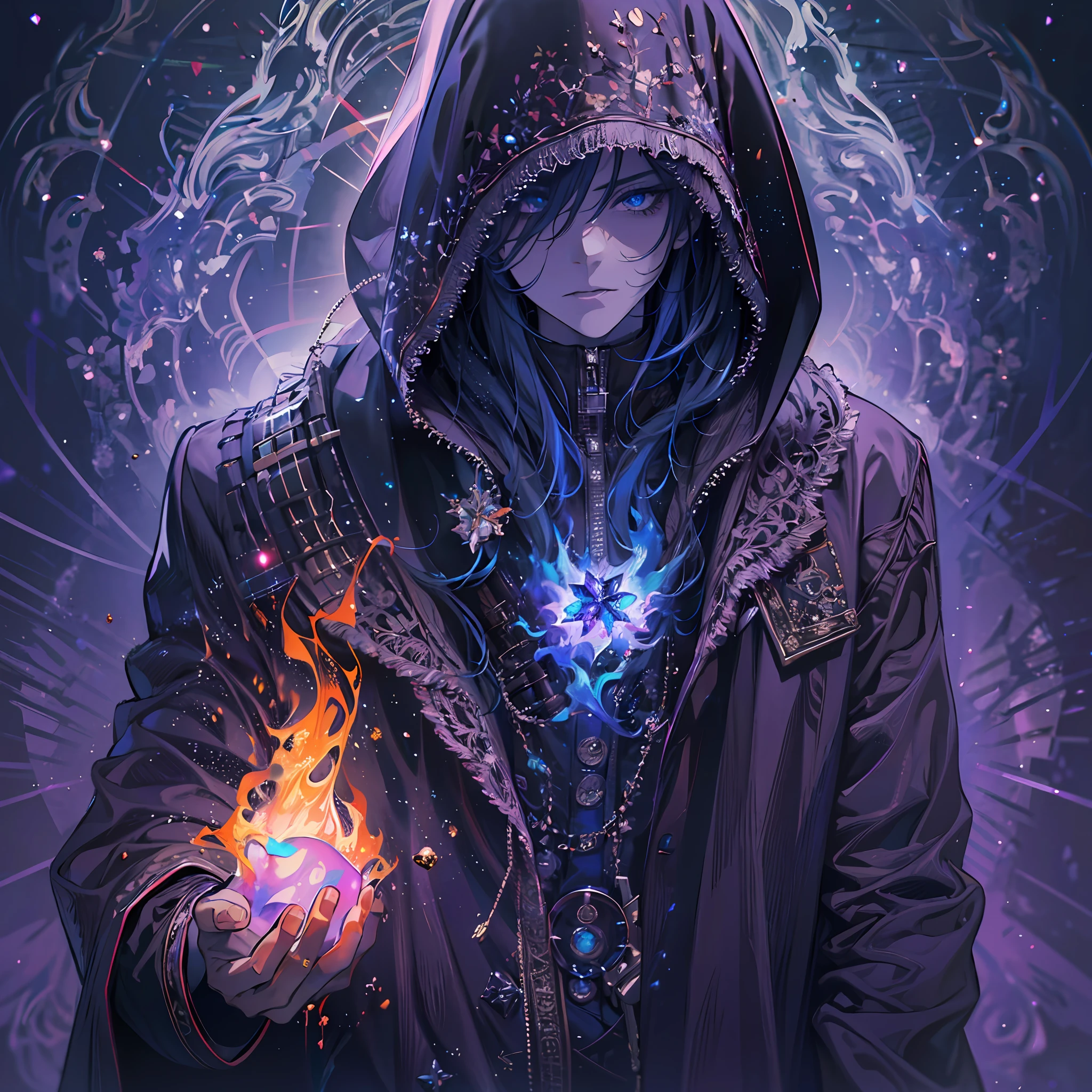 (absurdres, highres, ultra detailed)(Masterpiece, best quality:1.2),1man, wearing a hooded trenchcoat,eye glare, absolutely stunning eyes, holding purple fire in his hands, looking towards the viewer, ultimate power, wearing hood over head, (galaxy face),