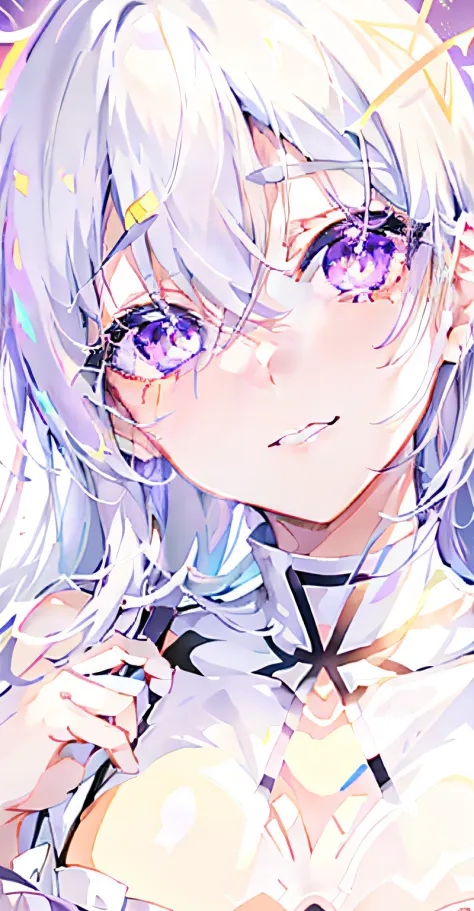 anime girl with purple hair and stars on her head, ahegao, anime moe art style, with glowing purple eyes, purple eyes and white ...