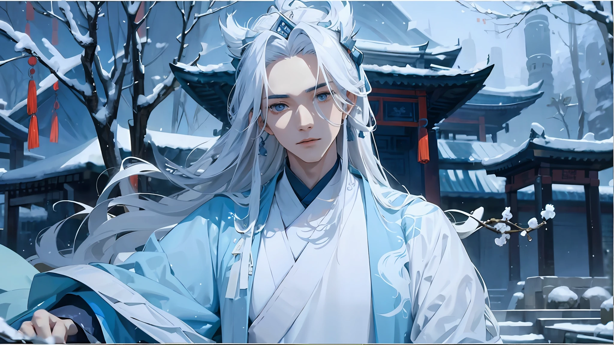 Arafars Bild eines Han-Mannes in Weiß, mit langen weißen Haaren, inspiriert von Wu Daozi, Xianxia-Held，Hintergrund mit：Schneewald