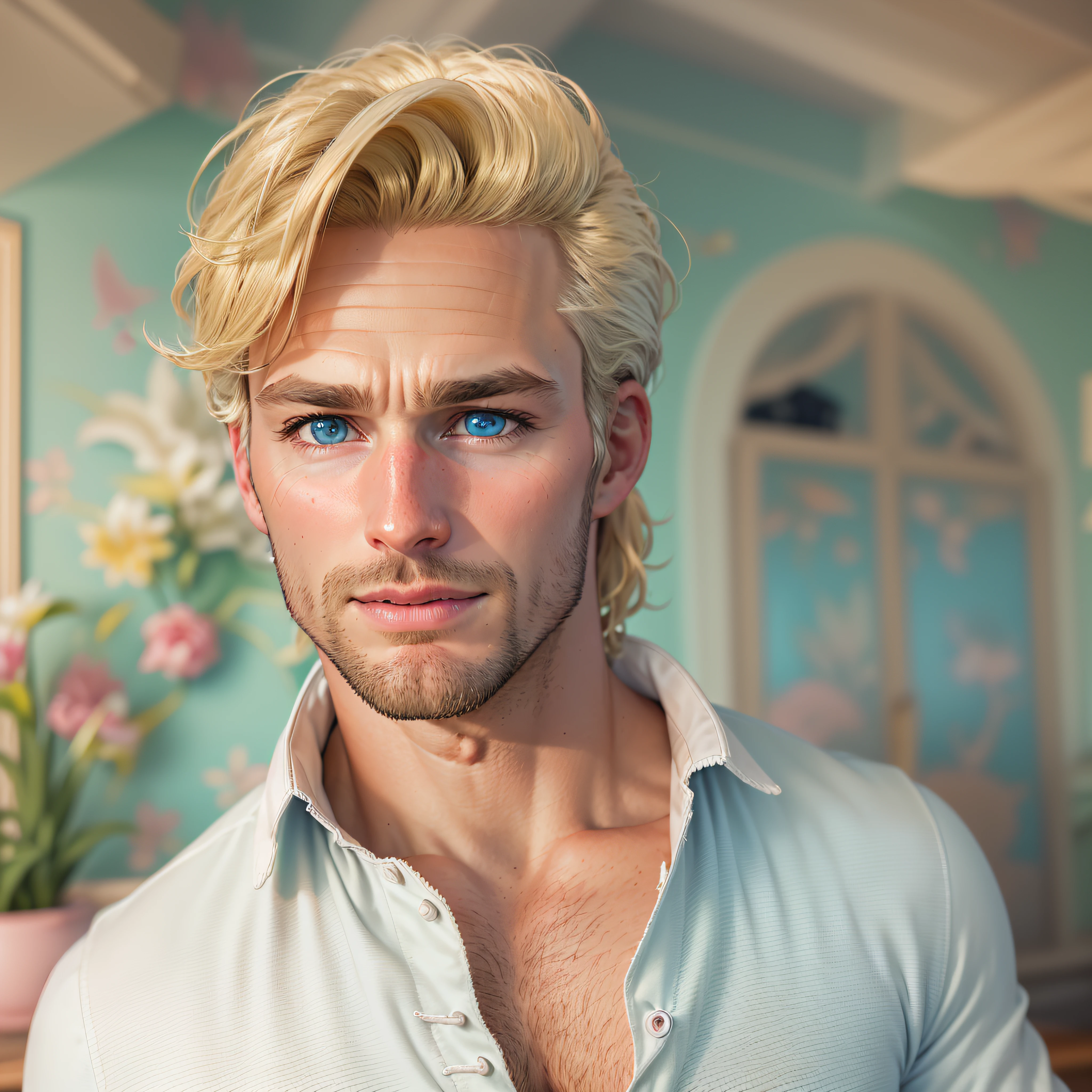 high quality, 1man, (((handsome blonde american dilf))), (((white shirt))) (((baby blue jacket))), (((blue eyes))) (((in Barbie's Dreamhouse))) (((no facial hair)))