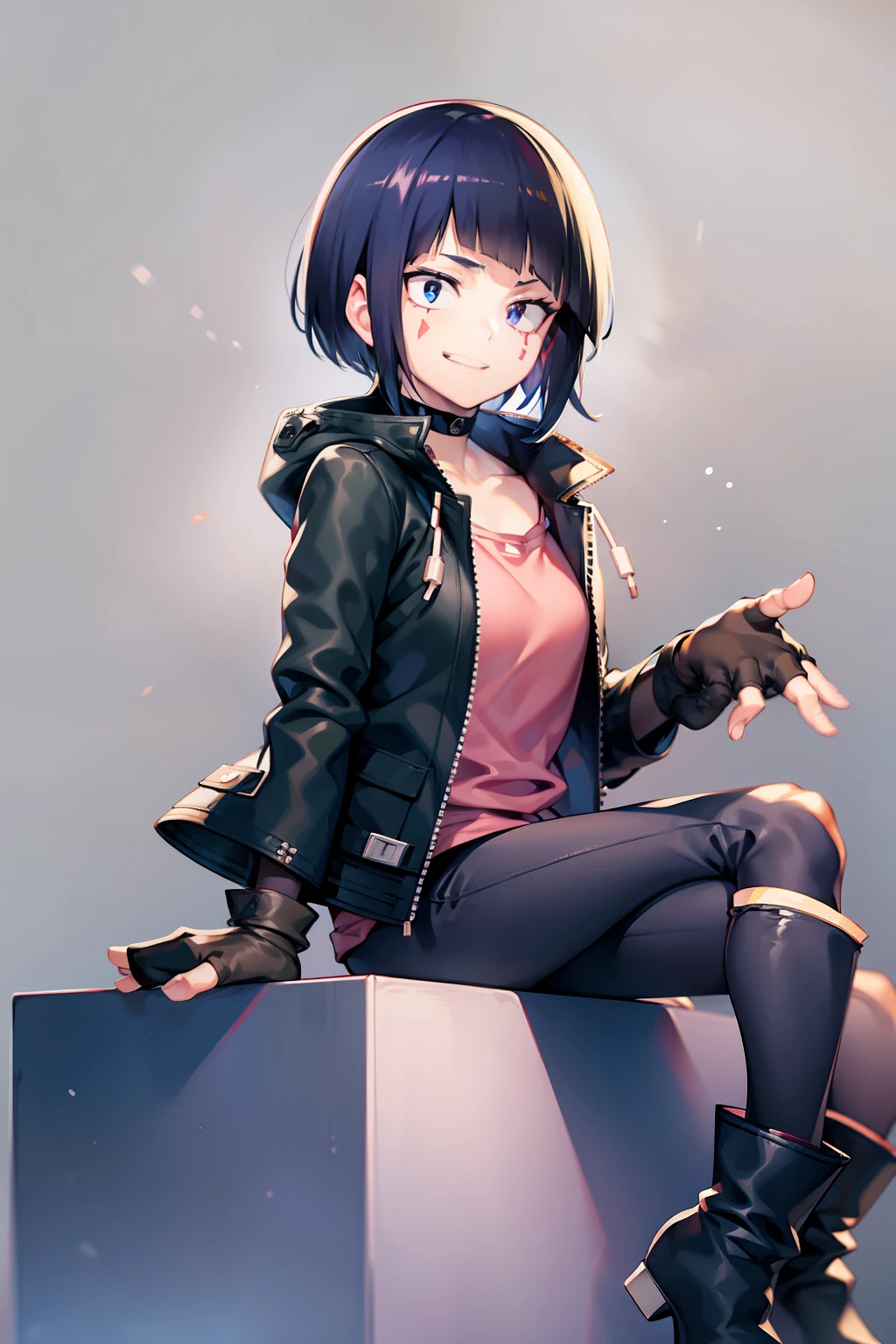 kyoka jiro, 1girl, solo, looking at viewer, smile, short hair, bangs, simple background, shirt, black hair, gloves, long sleeves, sitting, jacket, boots, open clothes, choker, pants, white gloves, blunt bangs, fingerless gloves, grey background, open jacket, black jacket, black choker, facial mark, black pants, pink shirt