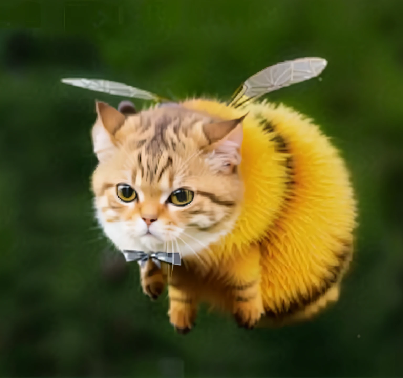 There is a cat that is flying in the air with a bee costume - SeaArt AI