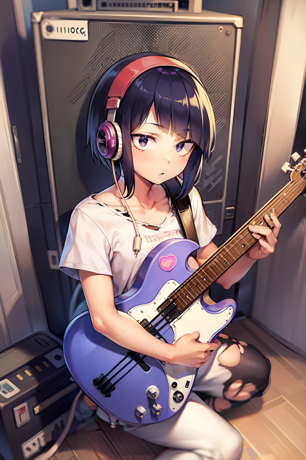 kyoka jiro, 1girl, solo, looking at viewer, blush, short hair, bangs, shirt, black hair, sitting, collarbone, short sleeves, shoes, pants, blunt bangs, star (symbol), torn clothes, headphones, white footwear, t-shirt, instrument, pink shirt, purple shirt, guitar, cable, torn shirt, electric guitar, capri pants, bass guitar, amplifier