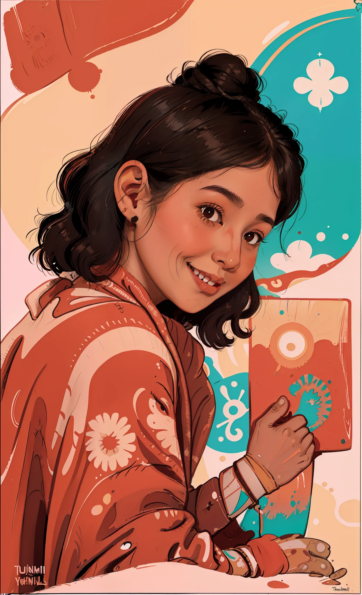 there is a woman in a red poncho, a colorized photo by T. K. Padmini, tumblr, hurufiyya, with lovely look, around 1 9 years old, indian girl with brown skin, profile pic, innocent smile painting of a woman, vibrant and bold pop art with high contrast colors, dynamic composition, and exaggerated details