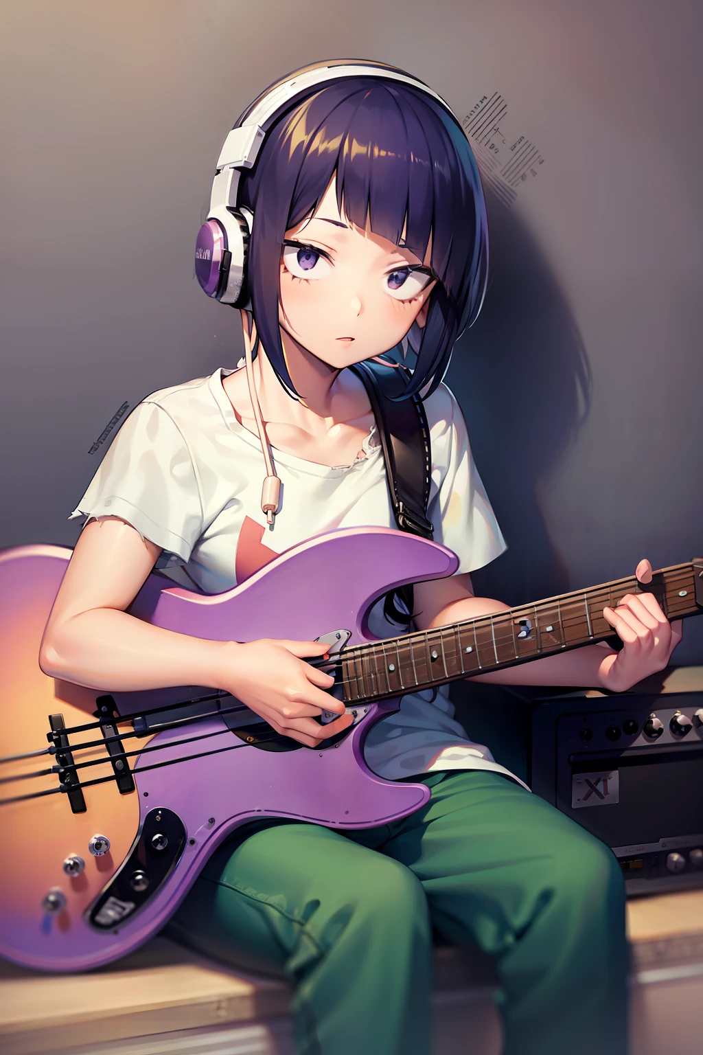 kyoka jiro, 1girl, solo, looking at viewer, blush, short hair, bangs, shirt, black hair, sitting, collarbone, short sleeves, shoes, pants, blunt bangs, star (symbol), torn clothes, headphones, white footwear, t-shirt, instrument, pink shirt, purple shirt, guitar, cable, torn shirt, electric guitar, capri pants, bass guitar, amplifier