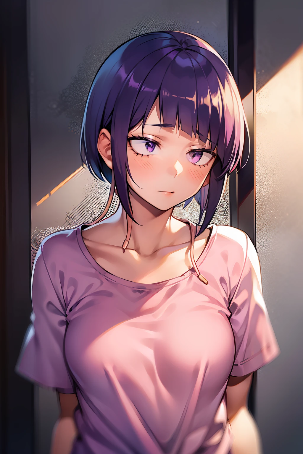 kyoka jiro, 1girl, solo, breasts, blush, short hair, bangs, simple background, shirt, white background, closed mouth, purple eyes, collarbone, upper body, purple hair, short sleeves, blunt bangs, looking away, t-shirt, pink shirt, long earlobes