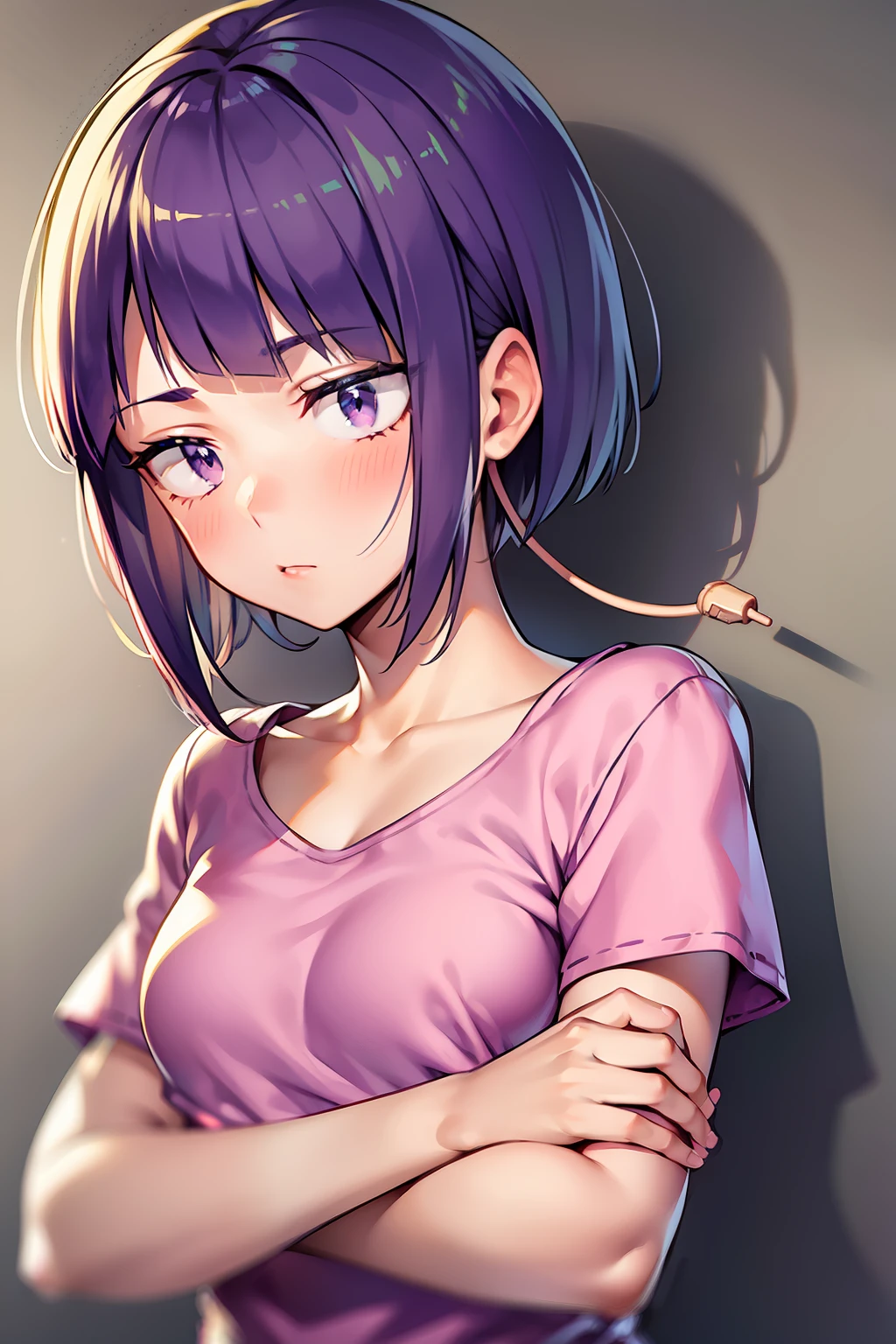 kyoka jiro, 1girl, solo, breasts, blush, short hair, bangs, simple background, shirt, white background, closed mouth, purple eyes, collarbone, upper body, purple hair, short sleeves, blunt bangs, looking away, t-shirt, pink shirt, long earlobes