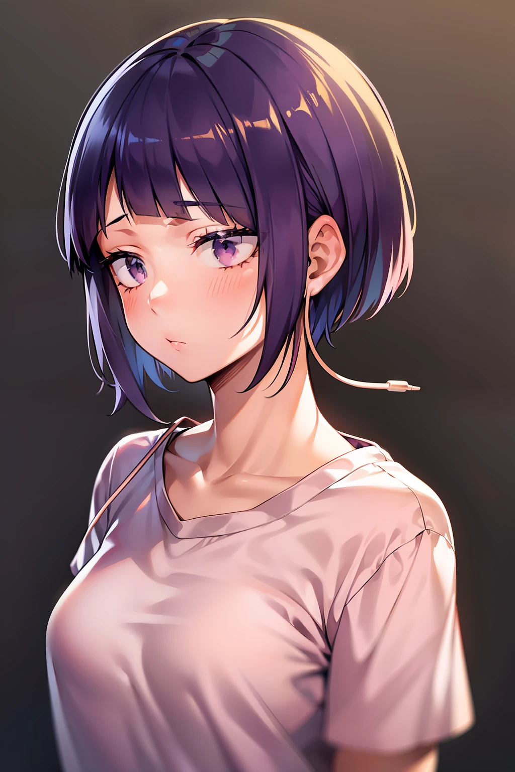 kyoka jiro, 1girl, solo, breasts, blush, short hair, bangs, simple background, shirt, white background, closed mouth, purple eyes, collarbone, upper body, purple hair, short sleeves, blunt bangs, looking away, t-shirt, pink shirt, long earlobes