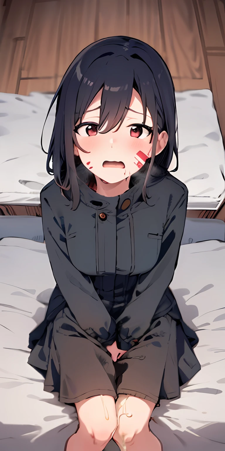 Anime girl sitting on bed with blood on her face - SeaArt AI