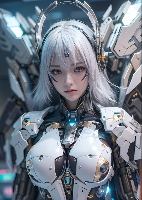 top-quality、​masterpiece、超A high resolution、(Photorealsitic:1.4)、Raw photo、Battle Cyborg Angel、large wings made of metal、White porcelain body、Acrylic Clear Cover、white  hair、glowy skin、1 Cyborg Girl、((super realistic details))、portlate、globalillumination、Shadow、octan render、8K、ultrasharp、character edge light,Colossal tits、Raw skin is exposed in cleavage、Details of complex ornaments、Double Zeta Gundam details、Hydraulic cylinder、Small LED lamp、highly intricate detail、Realistic light、a purple eye、radiant eyes、Facing the camera、neon details、cowboy  shot、Futuristic headgear、About Cyberpunk、、