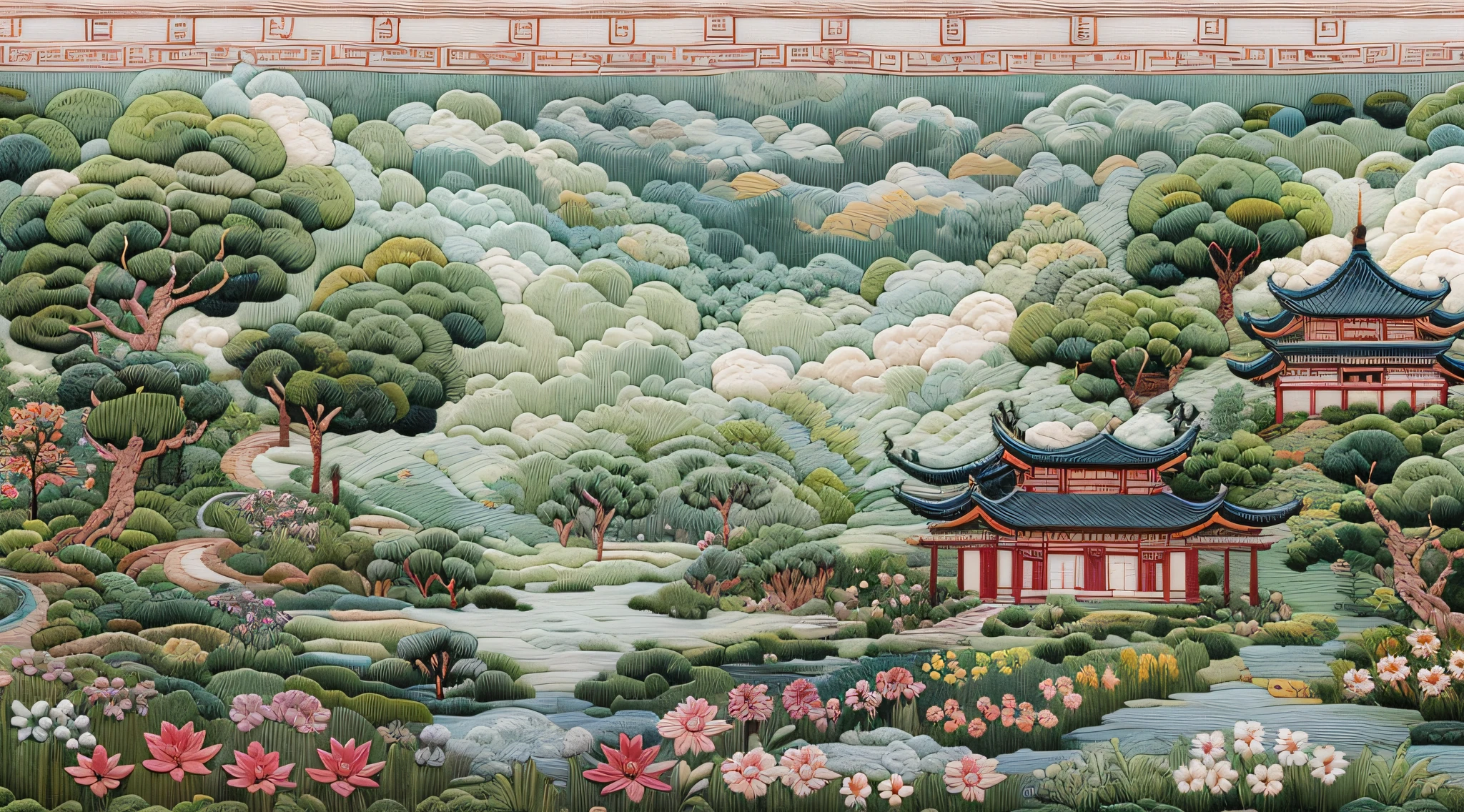 （Cross-stitch landscape，Embroidered landscape），Antique game scene design，big trees，florals，Lotus architecture，Floating table，A blue sky，White cloud，Chinese ink painting OC rendering sculpture