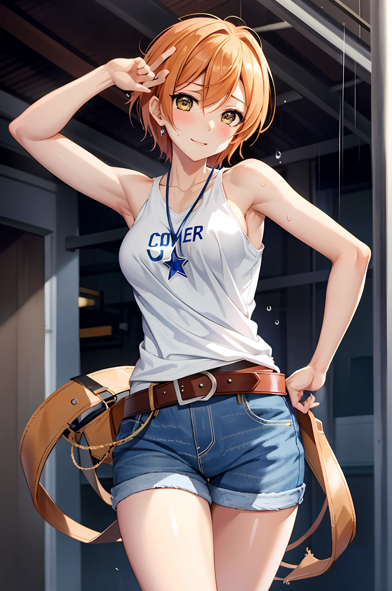 Hoshizora rin, Best Quality,(beauty), 1girl,phisically-based render ,ultra highres,(cowboy shot:1.5),narrow waist, skinny, LeonaMS ,muscular, big eyes,long legs,jeans,leather belt,small breasts,puffy eyes, leather belt,(rainy city), shiny skin, facing viewer, Victory posture,(midriff:0.7), sweating, flying sweat drops