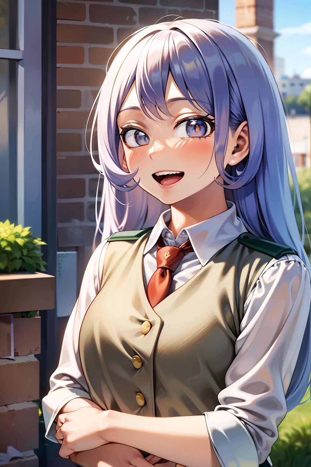 nejire hado, white shirt, school uniform, outdoors, intricate, beautiful, highly detailed, artstation, concept art, smooth, 1girl, smile, open mouth, looking at viewer, from side, red tie, blush, arms behind back, u.a. school uniform,