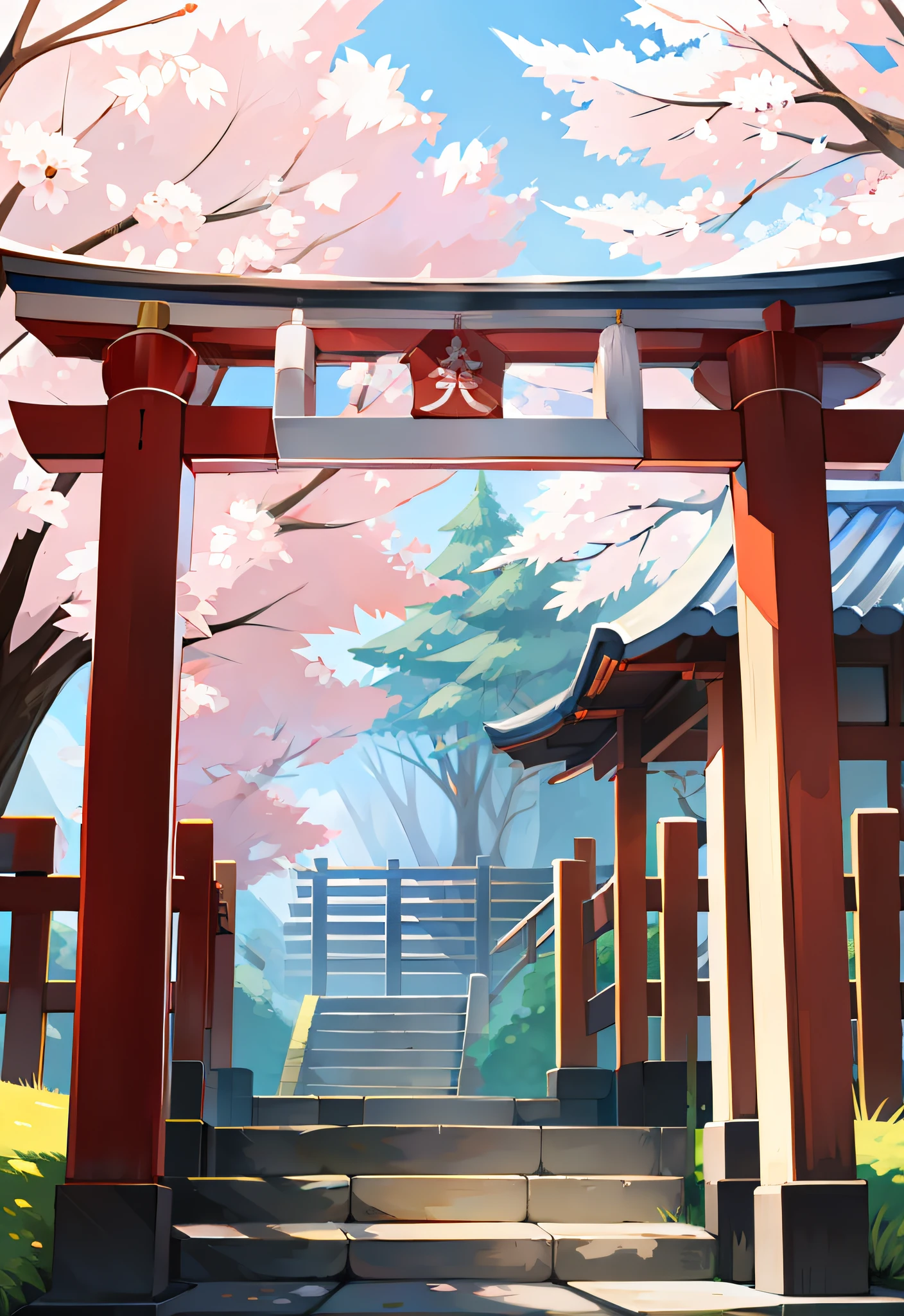 shrines，under a sakura tree，Japanese style，solo person，White body，White ears，White hair，Overall white，Orange-yellow eyes，Wolf tail，Wolf orcs，Shiki God Wolf，young，wearing a Taoist robe，Ultra-clear screen，Soft lines