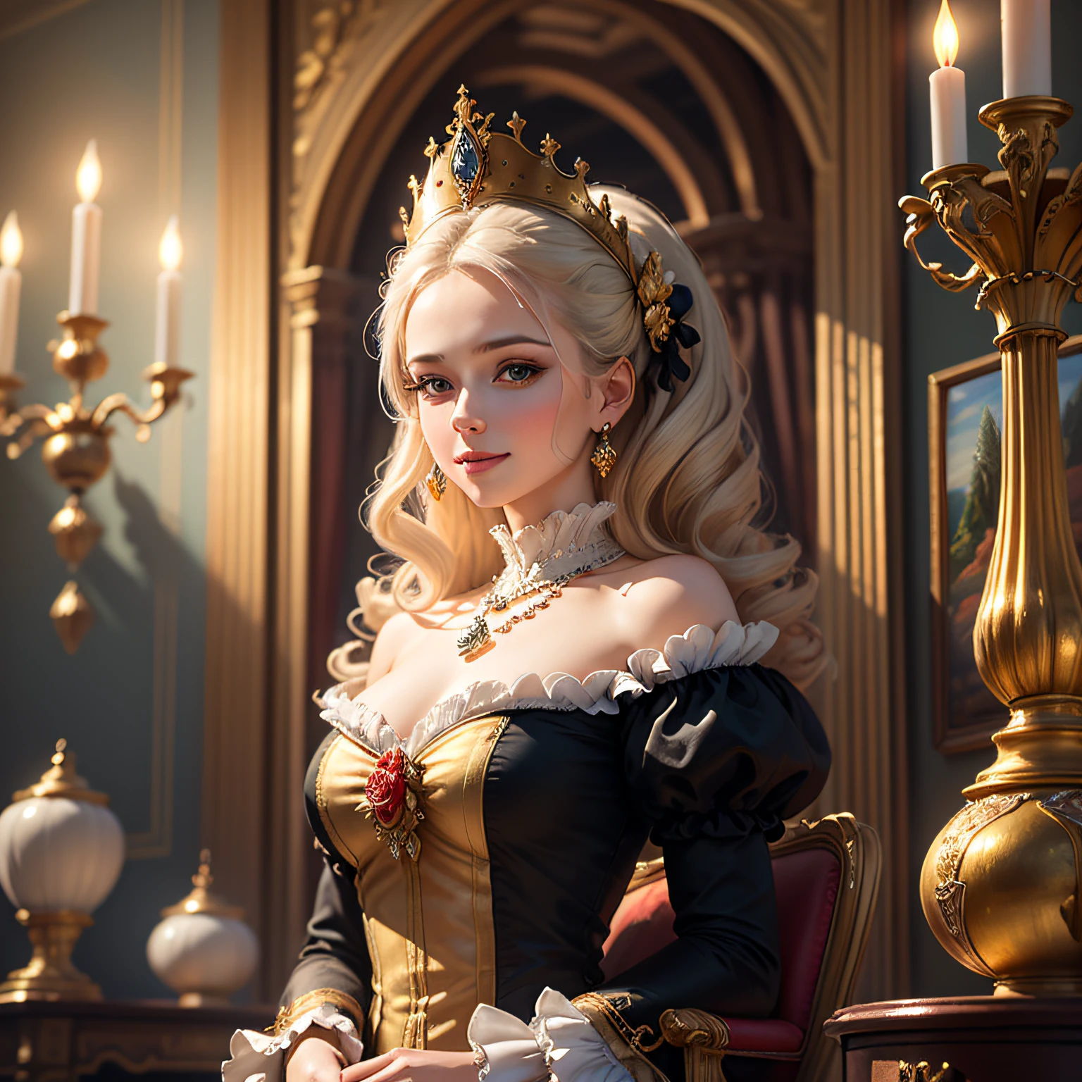 (masterpiece, best quality, beautiful oil painting:1.4), baroque_oil_painting, marie_antoinette, rococo_dress, ornate_brocade, panniers, ruffled_collar, silk_gloves, pearl_necklace, feathered_fan, crown, diamond_earrings, intricate_hairstyle, powdered_wig, beauty_spot, delicate_smile, lavish_palace_interior, gilded_furniture, grand_chandelier, opulent_draperies, soft_lighting, regal_aura, classical_music, timeless_elegance, highly detailed, authentic, 8k wallpaper