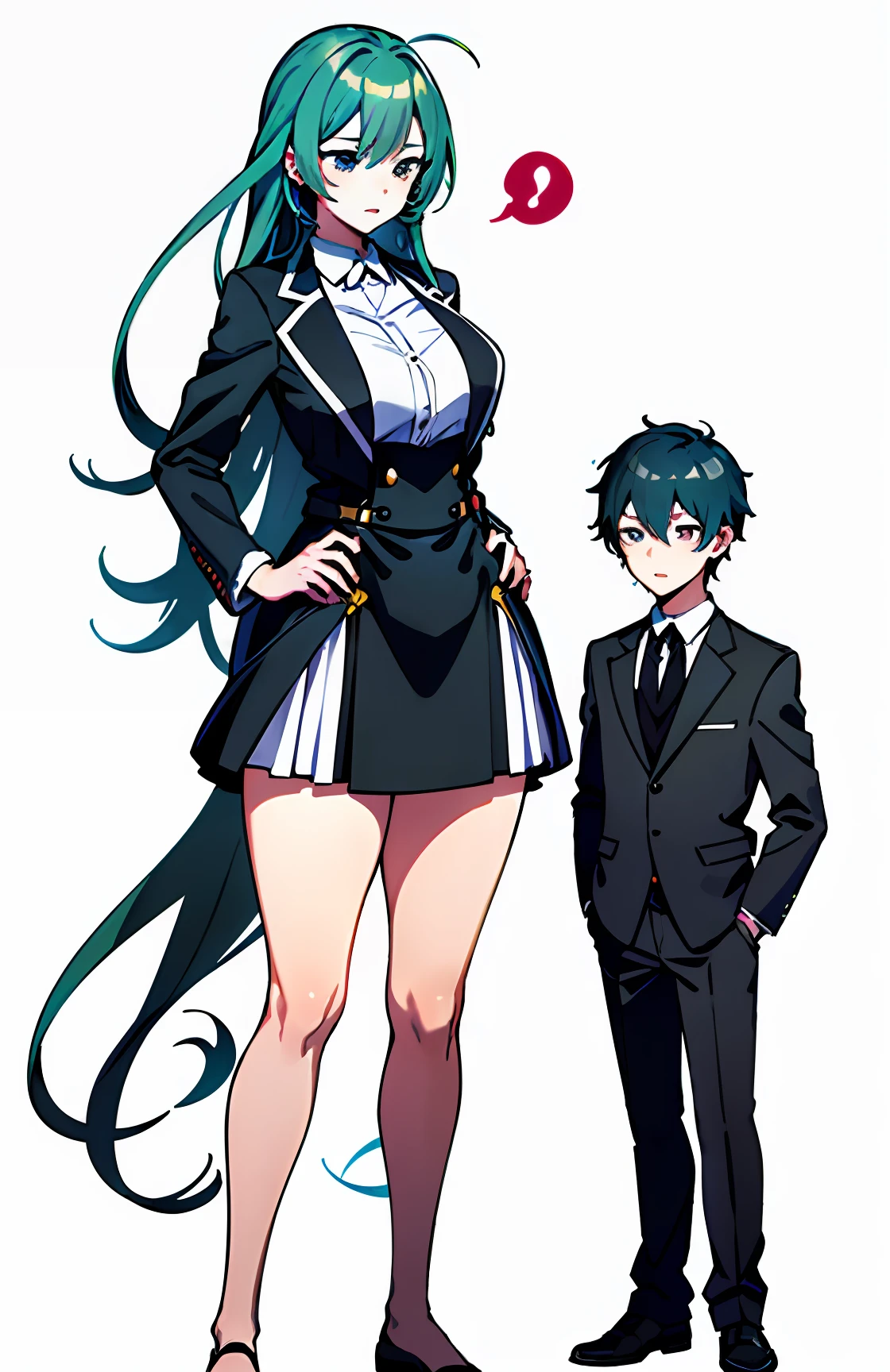 Anime characters of women and men in suits,Slender thighs，Tall and tall,Great Opera , She is tall, Slender thighs, charact \(Series\)，Tall, Anime proportions,  ecchi anime style, Tall figure，Short men