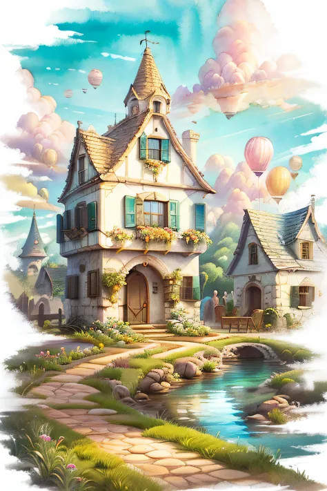 fresh colors, watercolors, happy balloons, castle clouds, gardens