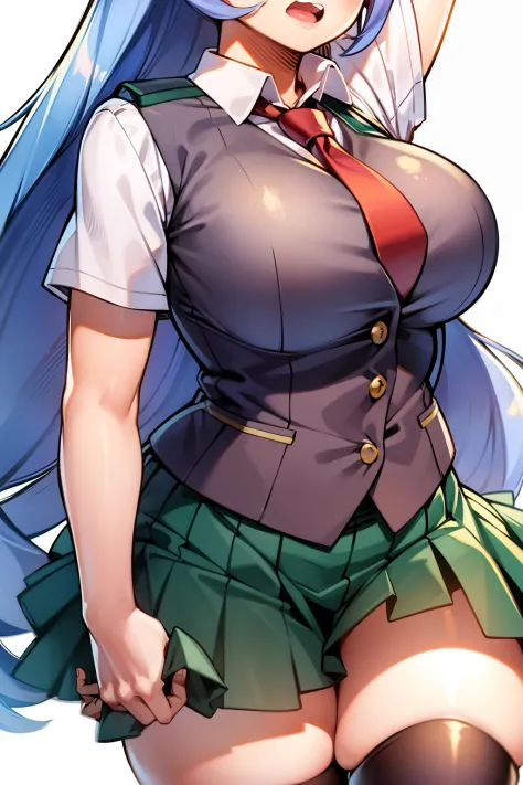 nejire hado, 1girl, solo, long hair, breasts, looking at viewer, open mouth, blue eyes, skirt, large breasts, simple background, shirt, white background, school uniform, blue hair, white shirt, short sleeves, thighs, necktie, teeth, collared shirt, vest, a...