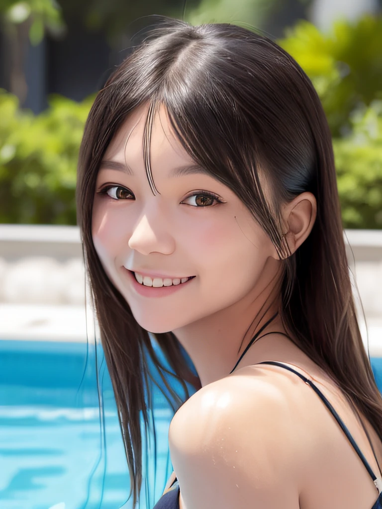 (top-quality、​masterpiece), 1 Beautiful 15 Year Old Ultimate Cute Beautiful Girl、Japanese high school  girl、middle school girl 、A smile、Mouth slightly open、small tits、Shyness、Tankini Swimsuit、The bikini、Bandeau、pareo、high-waisted、in poolside、toppless、cleavage of the breast、Bright background,The upper part of the body、 Jade Eyes、black and very long hair、bangss、Highly detailed facial and skin texture、Realistic human skin、真实感、photos realistic、Professional color correction、natural soft light、looking at the viewers, depth of fields、model shoot tyle、(​masterpiece:1.4), (absurderes:1.0), portlate, a closeup,