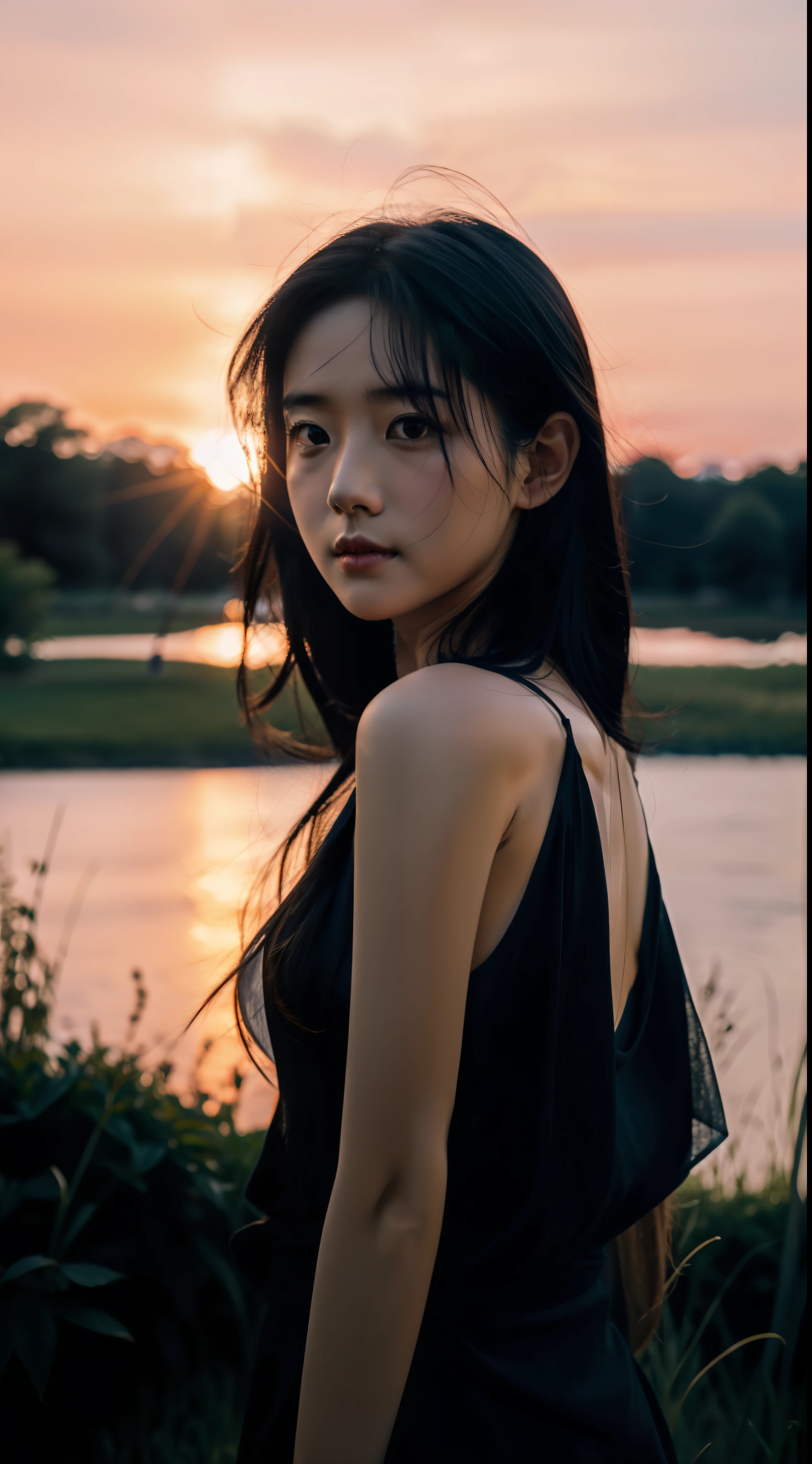 1girl in，idoly，mannequin，deep of field，a picture，movie，Side face，Back，Turn your face away from the camera，（Ruffle hair：1.5），Look at the sky，skinny，mommy，clavicle，tusk，long way hair，movie，Dark blue camisole vest，Cinematography，Sunset by the lake，Enhances eye contact with the camera