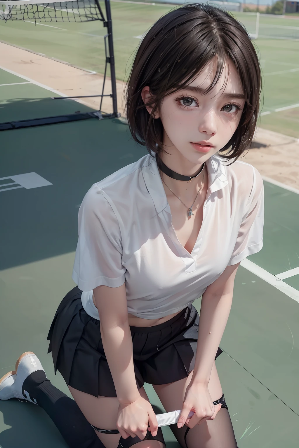 (Raw photography:1.2)、(photoRealstic:1.4)、(masuter piece:1.3)、(top-quality:1.4)、超A high resolution、nffsw、8K分辨率、dream-like、(((Playing tennis)))、Check Commentary、Commentary Request、landscapes、((without text) )、solofocus、(Full body like)、(eye detailed)、(facial features details)、(The specifics of the features of clothing)、skintight、(shinny skin)、(Slender girl)、(Slim Girl)、(1 girl in、独奏) 、VirtualGirl-Rin、Happy、A smile、(small tits)、bangss、bobhair、short-hair、Brown hair、Brown eyes、Black Choker、college aged、hi-school girl、White High School Athletic Uniform、Adidas Sports Shorts、espadrilles、Work up a sweat、You can see cute pink underwear、Bite、