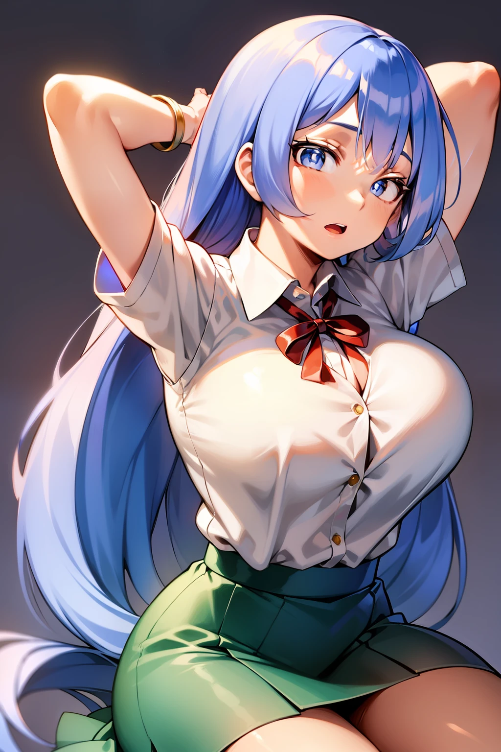 nejire hado, 1girl, solo, long hair, breasts, looking at viewer, open mouth, blue eyes, skirt, large breasts, simple background, shirt, white background, blue hair, white shirt, short sleeves, thighs, collared shirt, arm up, thick thighs, green skirt, arm behind head,