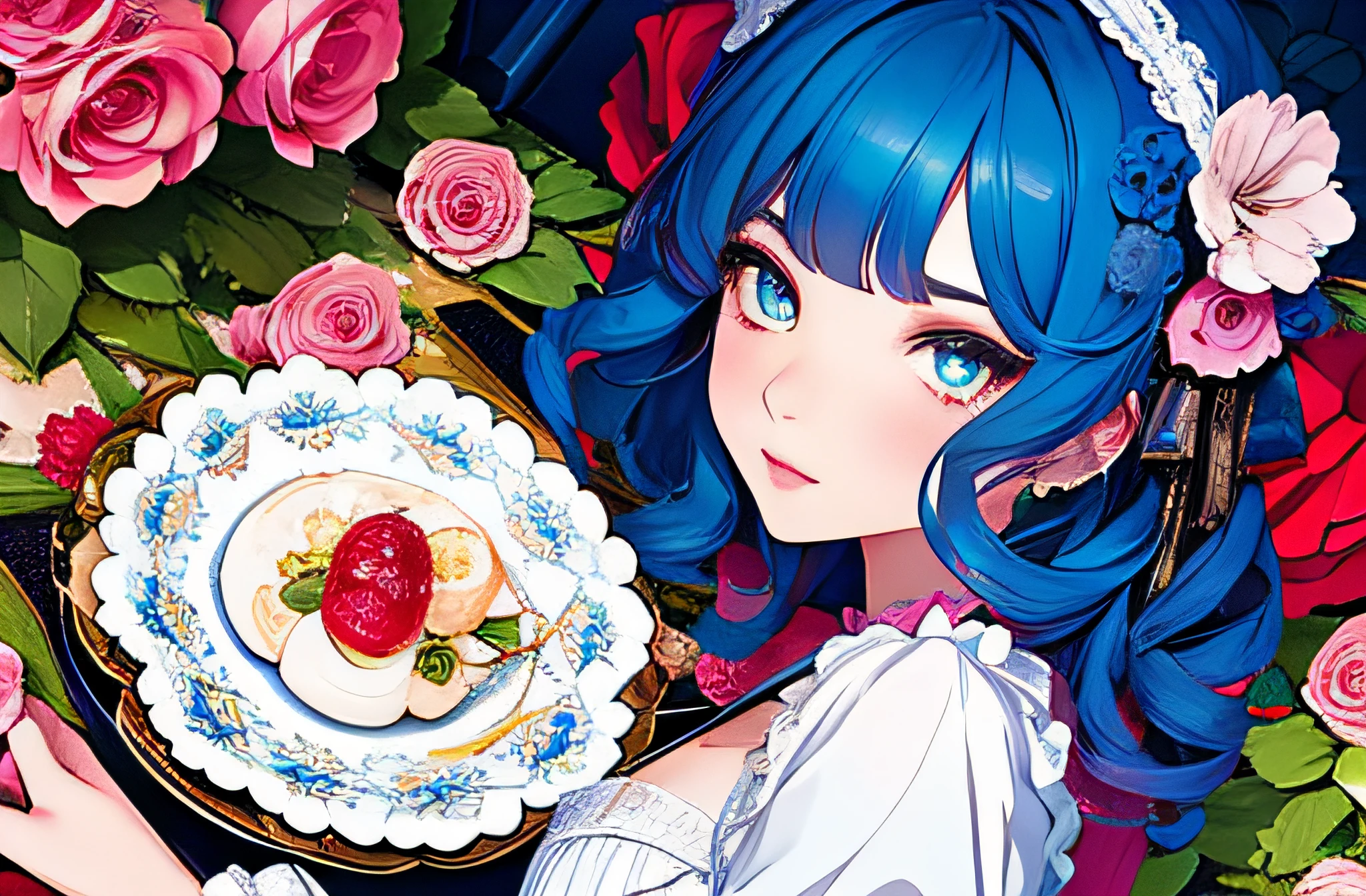 （tmasterpiece，top-quality，best qualityer，offcial art，Beauty and aesthetics：1.2），1girl，Lolita prostitute，独奏，whaite hair，food，blue color eyes，florals，The is very detailed, colorful, (dynamicposes),