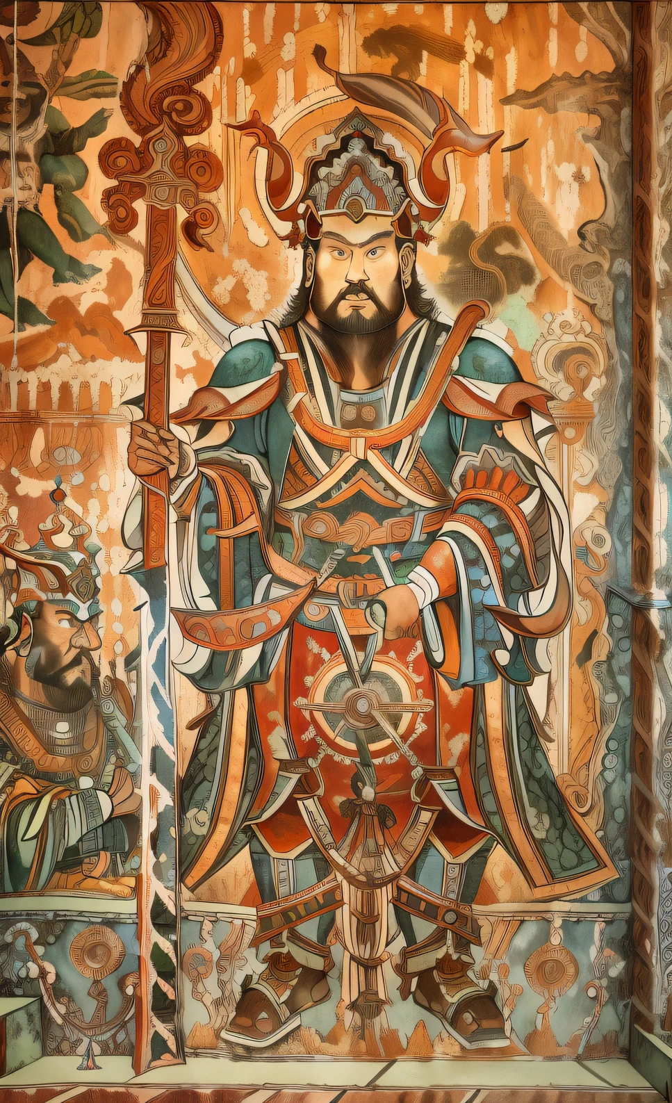 Antiguos frescos que representan a los dioses, El fondo es la entrada al infierno，Muestra a un hombre poderoso con armadura y casco，Sosteniendo una espada gigante de forma extraña，pose majestuosa. Los frescos se exhiben en paredes erosionadas, Añade un toque de palidez.mangas largas，barba, hanfu