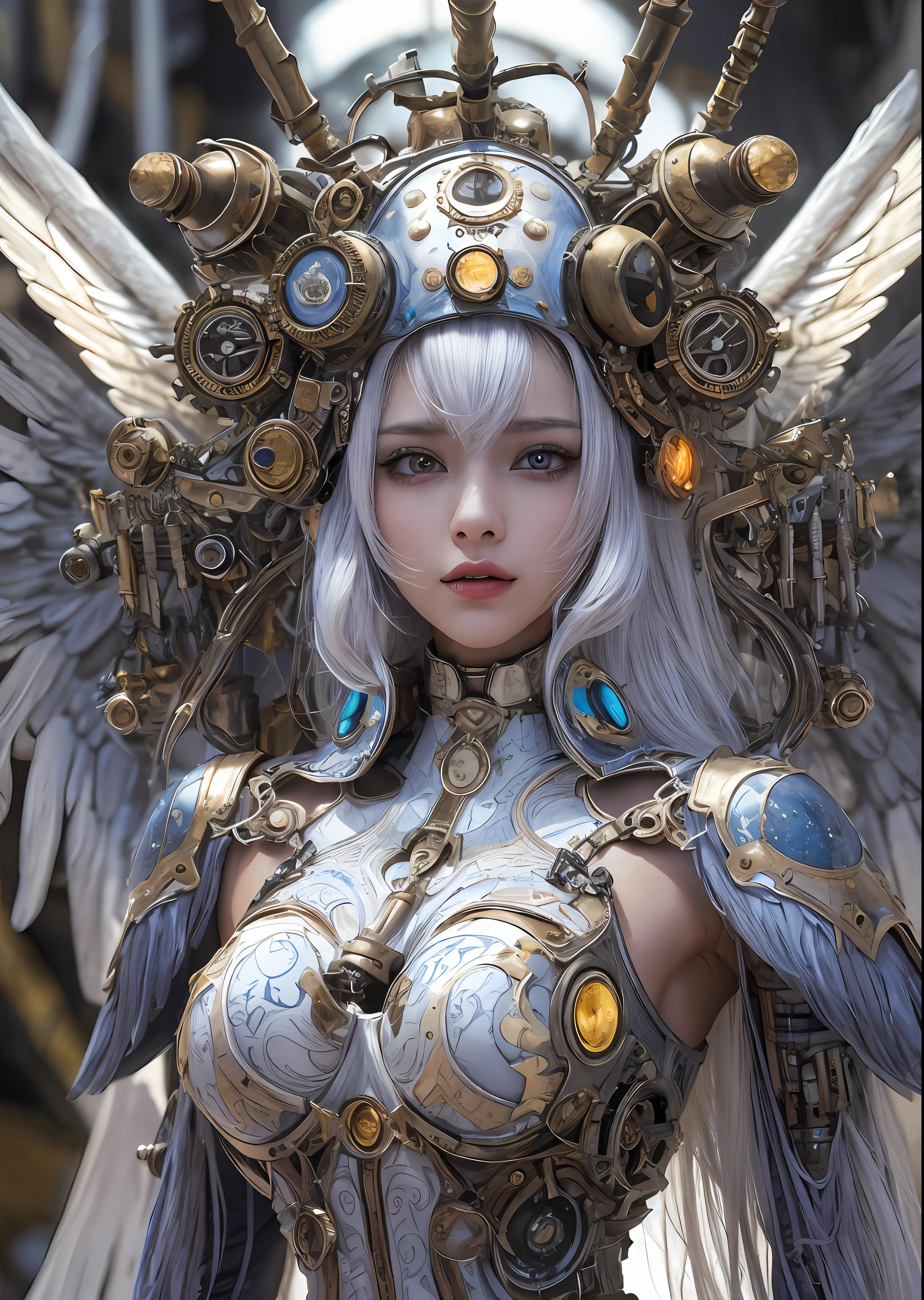 top-quality、​masterpiece、超A high resolution、(Photorealsitic:1.4)、Raw photo、Steampunk Battle Cyborg Angel、large wings made of metal、White porcelain body、Acrylic Clear Cover、white  hair、glowy skin、1 steampunk cyborg girl、((super realistic details))、portlate、globalillumination、Shadow、octan render、8K、ultrasharp、character edge light,Colossal tits、Raw skin is exposed in cleavage、Details of complex ornaments、Details of the steam engine、Hydraulic cylinder、Small LED lamp、highly intricate detail、Realistic light、a purple eye、radiant eyes、Facing the camera、neon details、cowboy  shot、Futuristic headgear、About steampunk、、