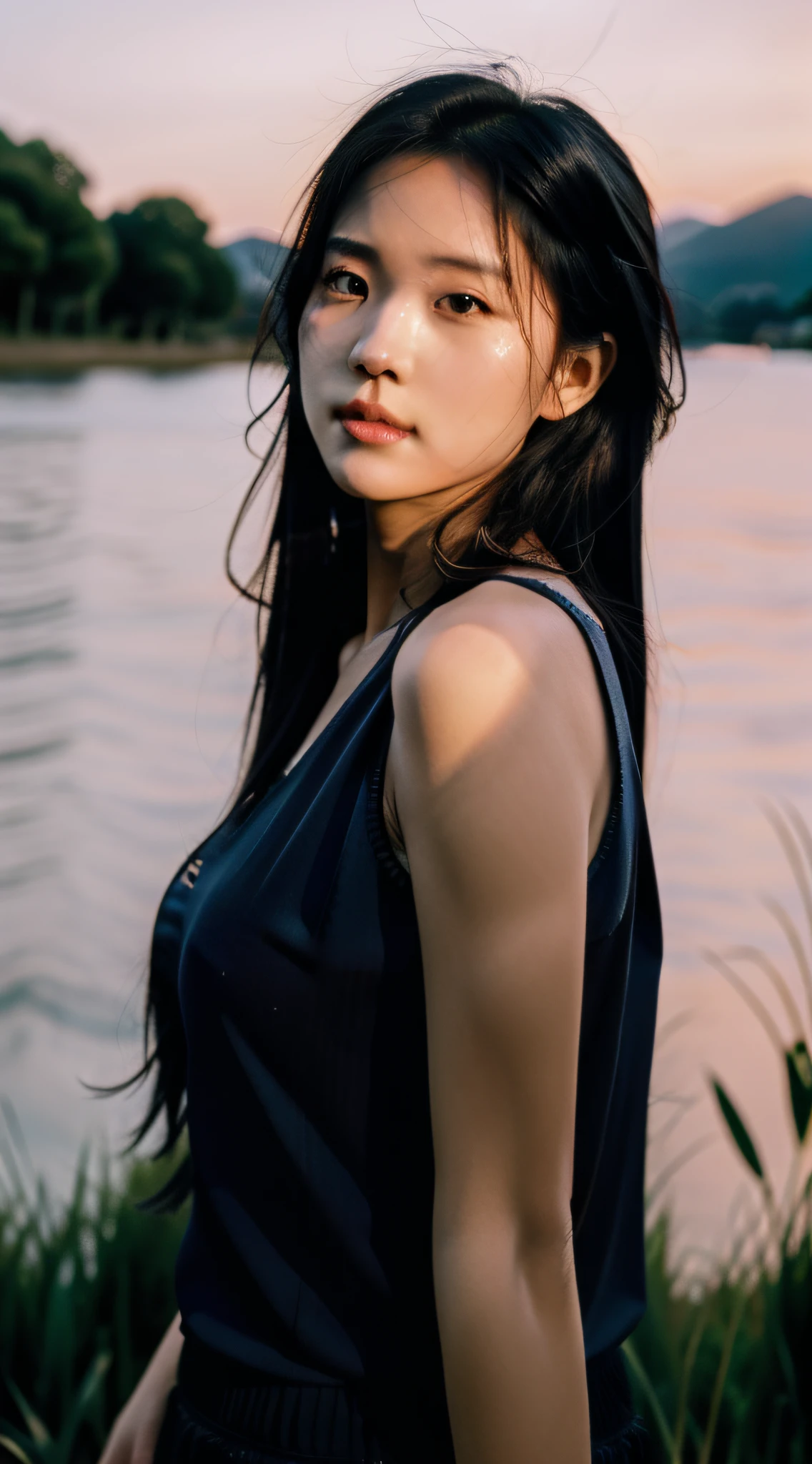 1girl in，idoly，mannequin，deep of field，a picture，movie，Side face，Back，Turn your face away from the camera，（Ruffled hair：1.5），Look at the sky，skinny，mommy，鎖骨，tusk，long way hair，movie，Dark blue camisole vest，Cinematography，Sunset by the lake，Enhances eye contact with the camera