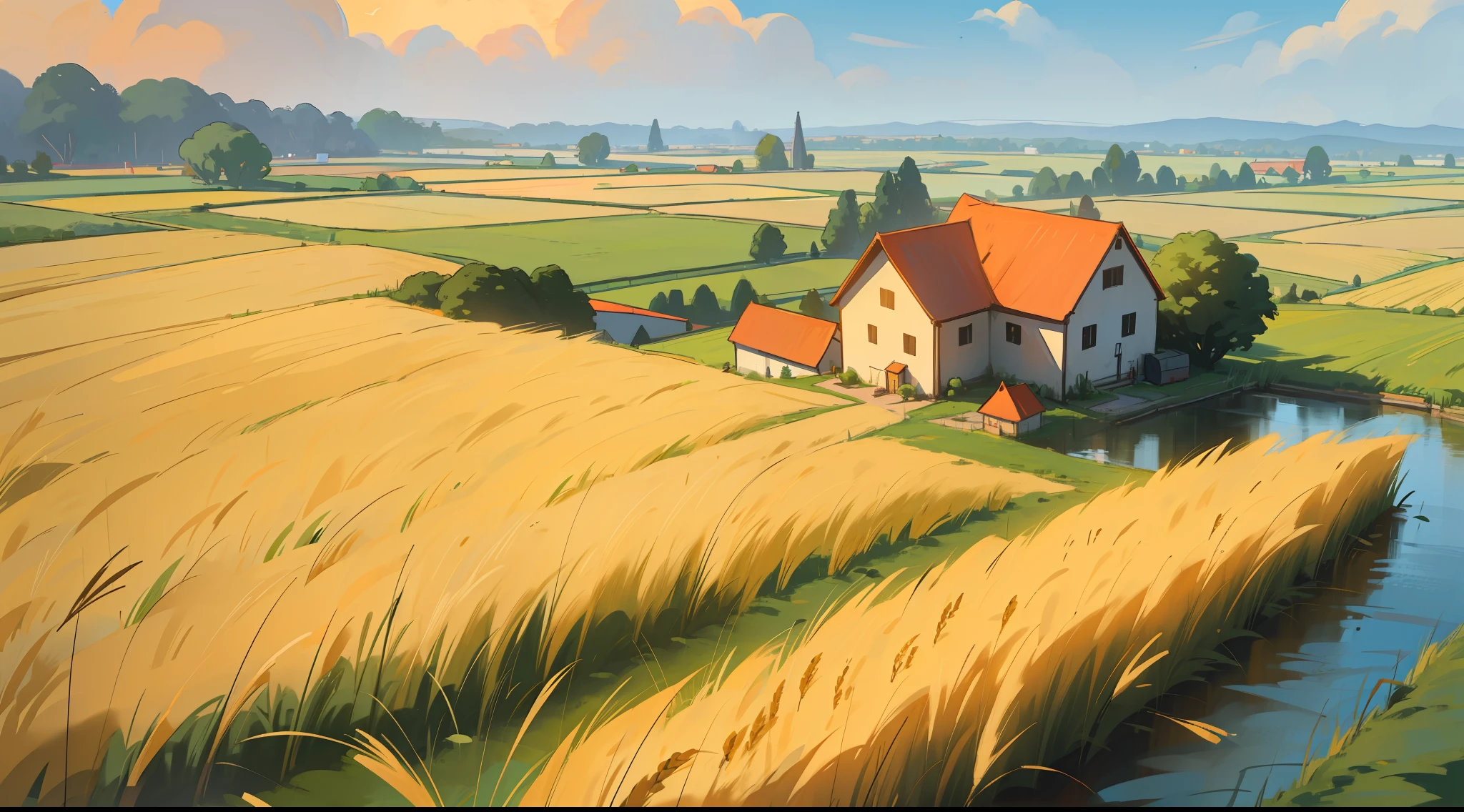 Painting of a farm with a river running through it - SeaArt AI