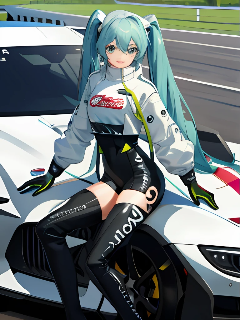 masterpiece,(ultra-detailed),1girl, smile, car,  racecar, circuit,  racing miku, black bodysuit, cropped jacket, white jacket, long sleeves, two-tone gloves, thigh boots,