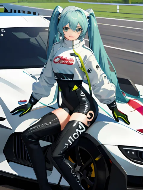 masterpiece,(ultra-detailed),1girl, smile, car,  racecar, circuit,  racing miku, black bodysuit, cropped jacket, white jacket, l...