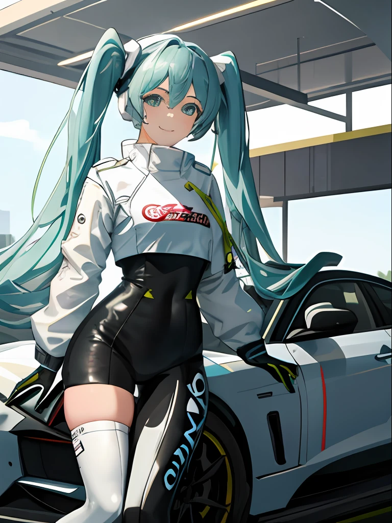 masterpiece,(ultra-detailed),1girl, smile, car,  racecar, circuit,  racing miku, black bodysuit, cropped jacket, white jacket, long sleeves, two-tone gloves, thigh boots,