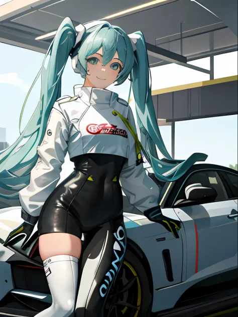 masterpiece,(ultra-detailed),1girl, smile, car,  racecar, circuit,  racing miku, black bodysuit, cropped jacket, white jacket, l...