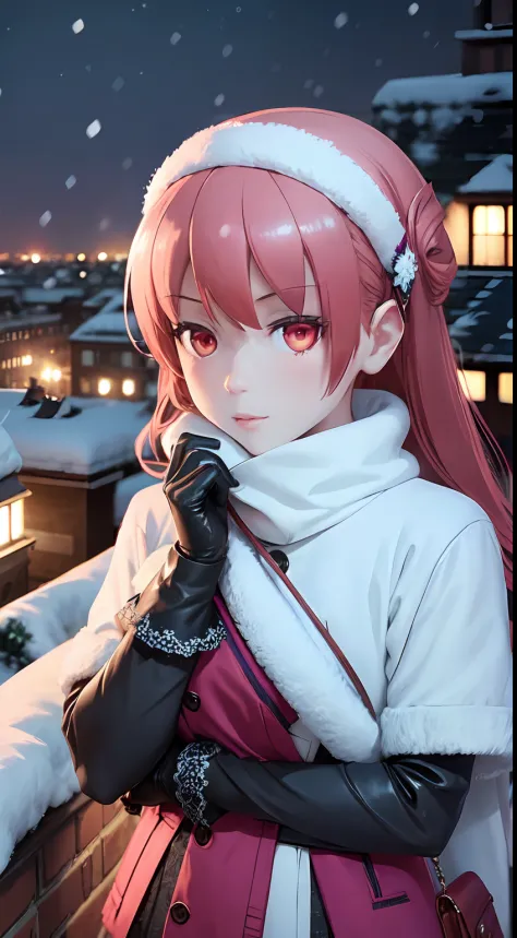 Rooftop, night time, snowing, gloves