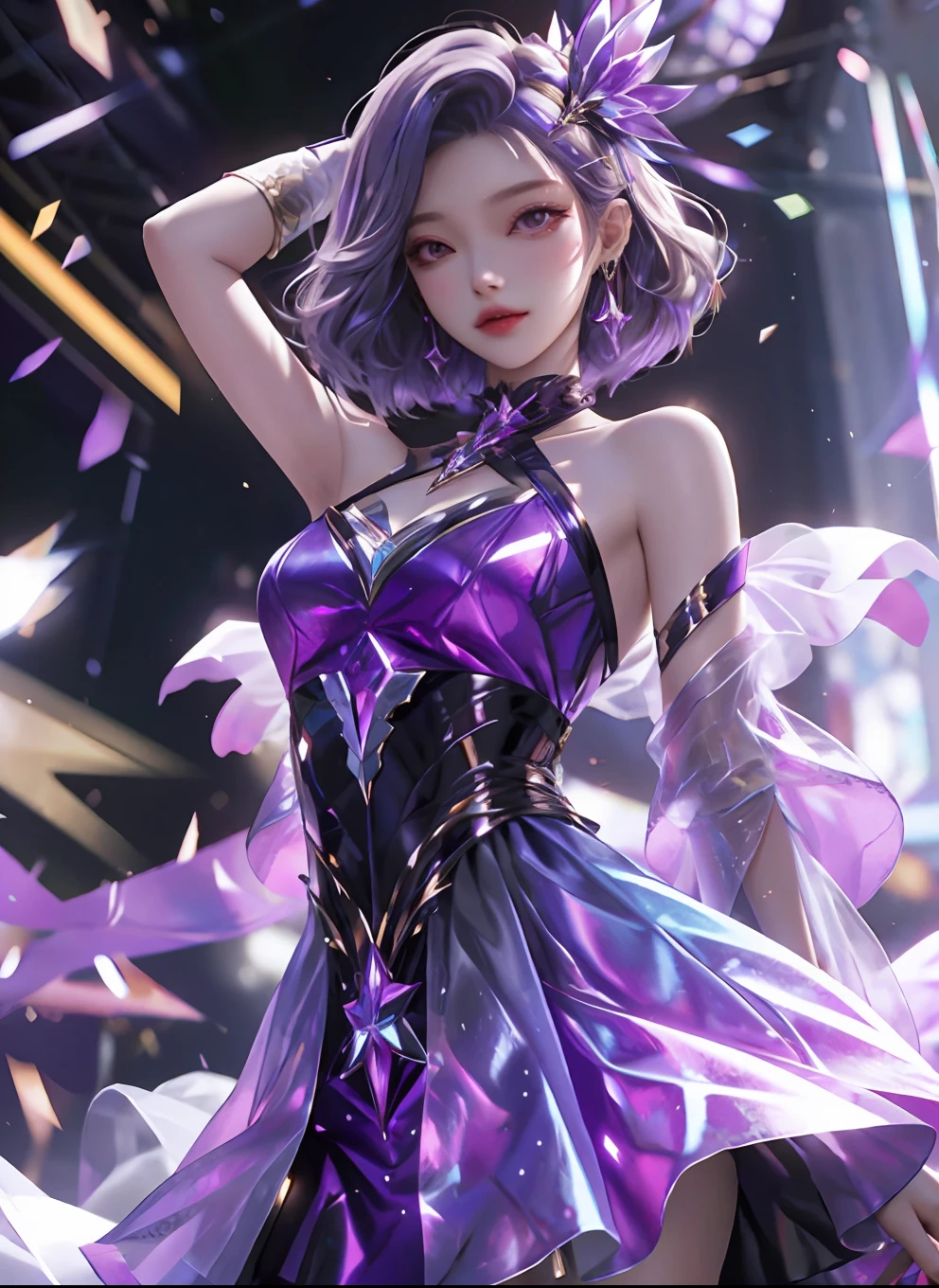 best quality, 1girl, kda, solo, long hair, short hair, dress,