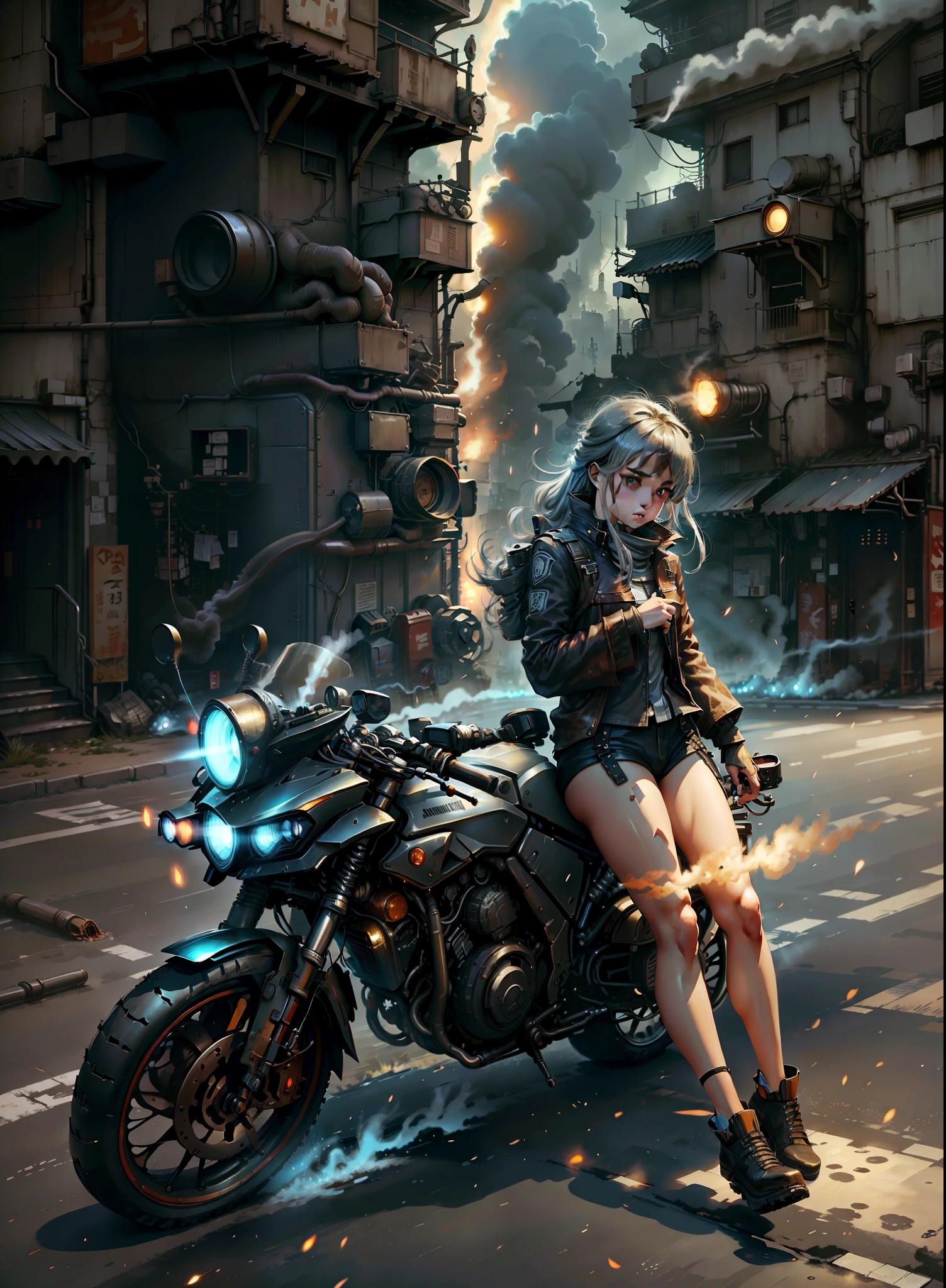 【Manga illustration】Against the backdrop of a city filled with gunfire，Several male and female racers rode motorcycles through narrow alleys，The tires rub against the ground and burst into sparks，Smoke billowing out。There are text annotations on the screen，Continuous shooting in the style of Andreas Rocha，The main colors are cobalt blue and reflective silver，Like motion picture film P30，The composition is clearly segmented。