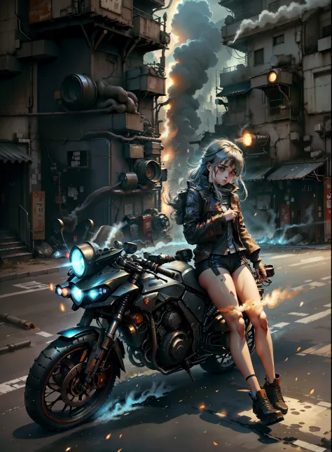 【Manga illustration】Against the backdrop of a city filled with gunfire，Several male and female racers rode motorcycles through n...