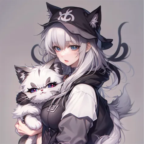 Anime girl wearing black cat ears hat，She holds the cat in her arms, anime big breast，White Catwoman, Cute white anime Catwoman,...