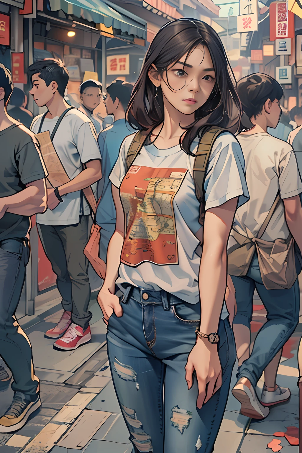 A young woman named Yang Feiyue standing on a busy street, Contemporary Rough T-Shirt and Jeanap at hand, Surrounded by stalls, With a hint of disappointment and confusion on her face,  ,In the style of the star art group Xing, 32K, Best Quality, masutepiece, Super Detail, high details