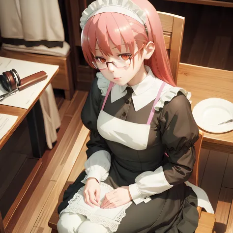 Cafe, sit on the chair, maid clothes, glasses