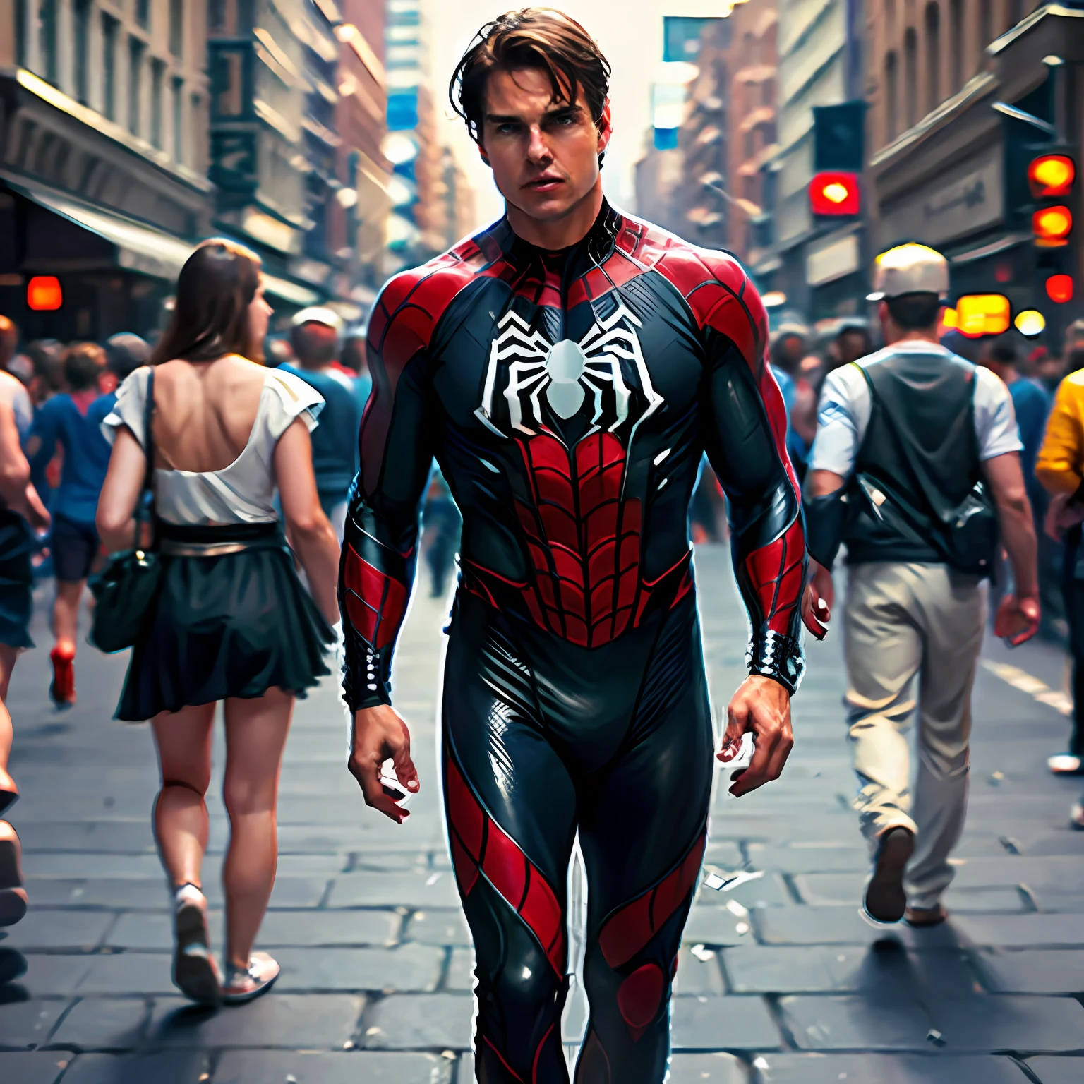 Tom cruise as a spider man , walking in crowd,blur  masterpiece, realistic,top quality