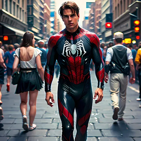 tom cruise as a spider man , walking in crowd,blur  masterpiece, realistic,top quality