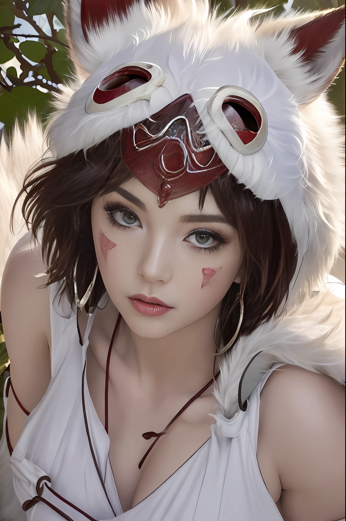 (SFW),(realism, ultrarealism,masterpiece, best quality, smalldetailed), 1girl, wild girl, glamour close-up shot (from above) of beautiful (princess mononoke) lying (next to a wolf), (hugging a white fluffy wolf),  surrounded by leaves, fluffy, pixie cut, extremely short hair,( busty, erect boobs), curvy,  serious, details, (realistic, photography), blurry background, softfocus, face focus, dramatic light, atmosphere shoot,    detailed beautiful face, detailed pupils, detailed iris of eyes, detailed plump lips, sharp focus, (pupils accent),  cute face,  closeup portrait,  bestseller,  glare and reflections in the pupils,